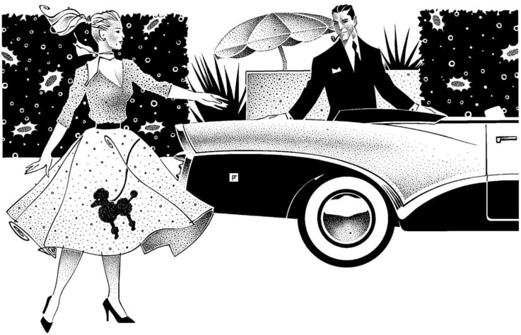 Cartoon of old fashioned man and wife going on date.