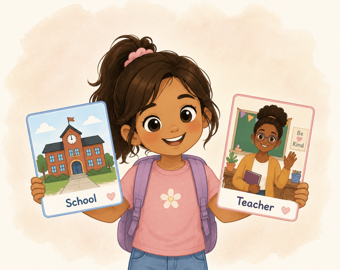 Illustration of a young girl holding school and teacher flashcards for a neurodivergent backtoschool routine