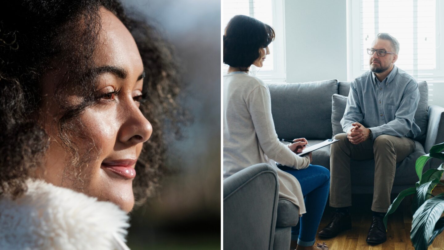 A split image of a woman looking relieved and a man in therapy for the topic does insurance cover therapy.