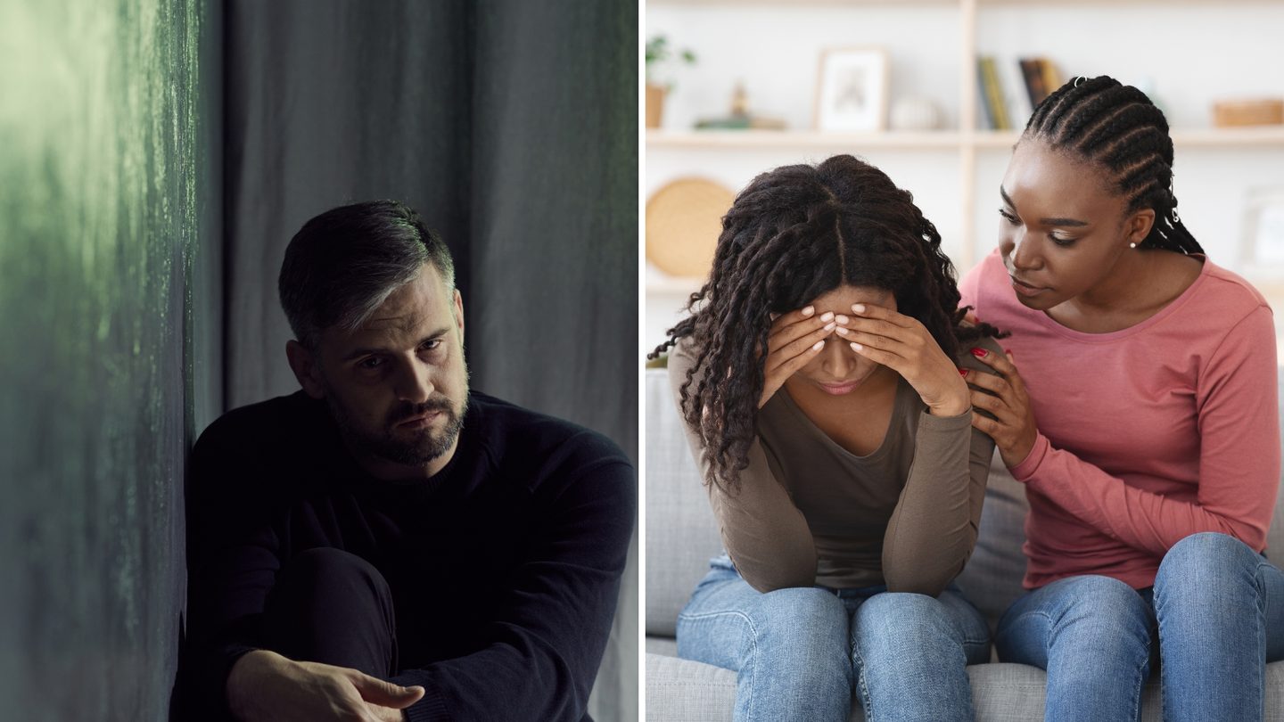 A split image of a man sitting against a wall looking sad and a woman being comforted by her friend for the topic waring signs of suicide.