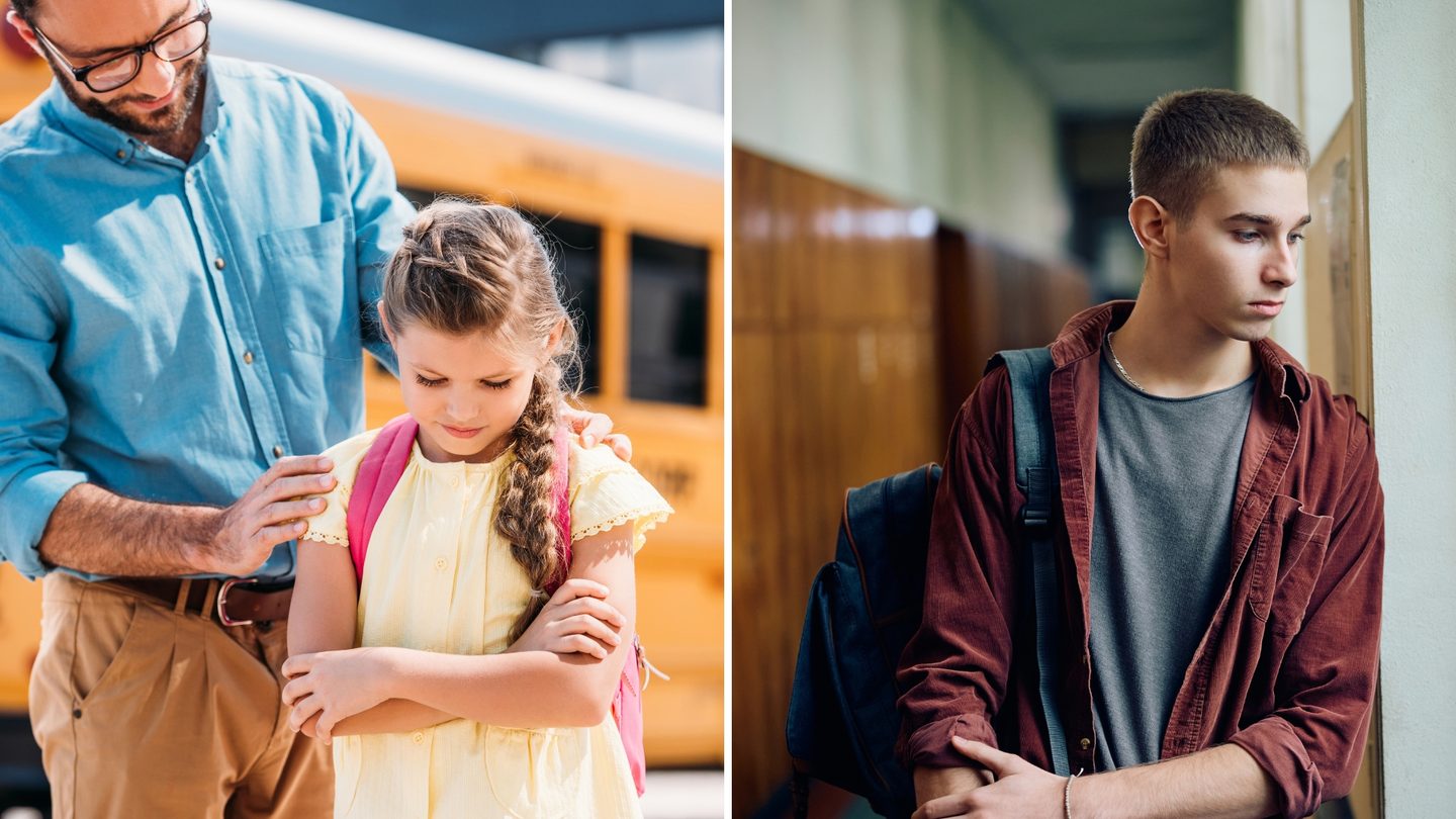 A split image of a parent comforting his sad daughter in front of a school bus next to a teenage boy looking sad at school for the topic backtoschool anxiety.