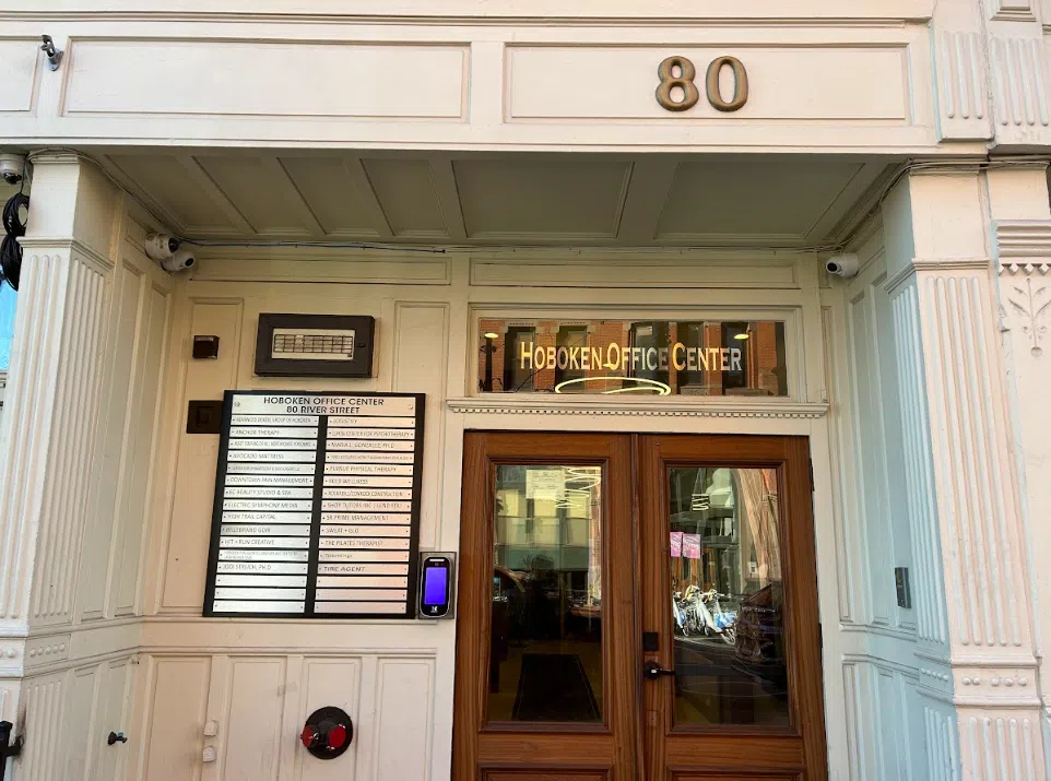 Entrance to the Lukin Center Hoboken office at 80 River Street, inside the Hoboken Office Center building