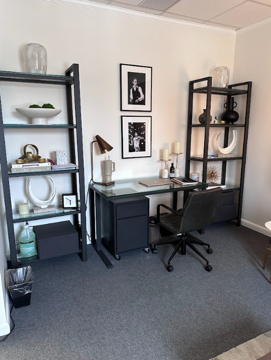 Clinician office with a desk and shelving at the Lukin Center Montclair office