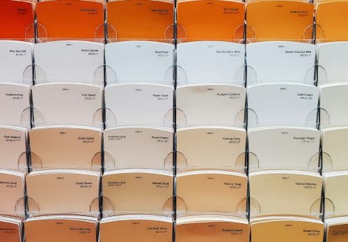 Rows of paint color samples neatly arranged by someone with obsessive compulsive disorder.