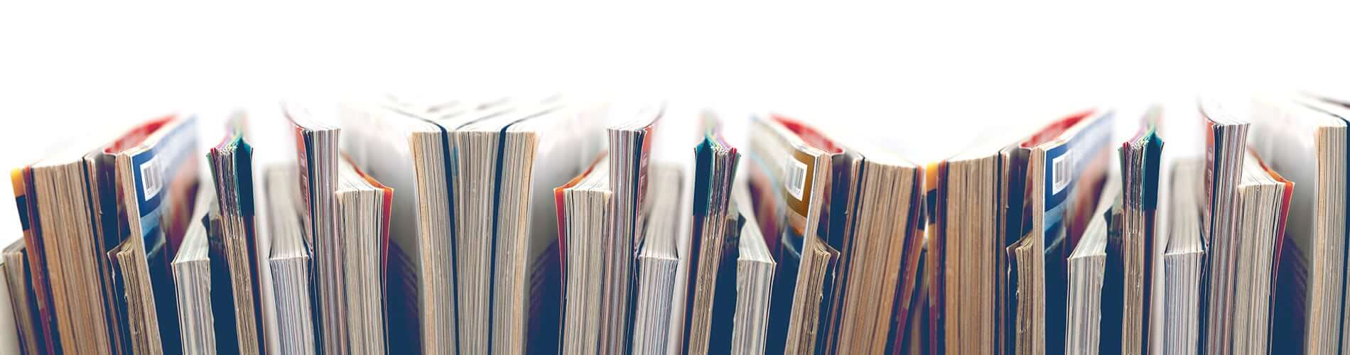 Several publications standing together on shelf